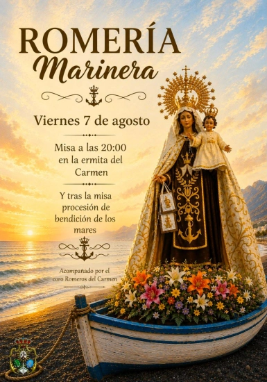 Cartel Romería Marinera de La Cala del Moral, viernes 7 de agosto, con la Virgen del Carmen en una barca junto al mar al atardecer