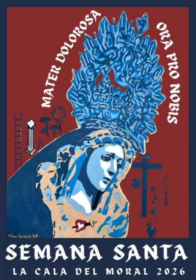 Cartel de la Semana Santa de La Cala del Moral 2026 con una imagen mariana en tonos azules, fondo granate y el texto “Mater Dolorosa” y “Ora Pro Nobis”