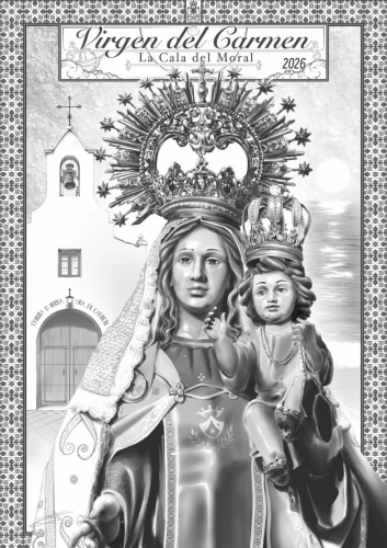 Cartel Día de la Virgen del Carmen 2026 en La Cala del Moral, con la imagen de la Virgen del Carmen y el Niño Jesús y la ermita al fondo