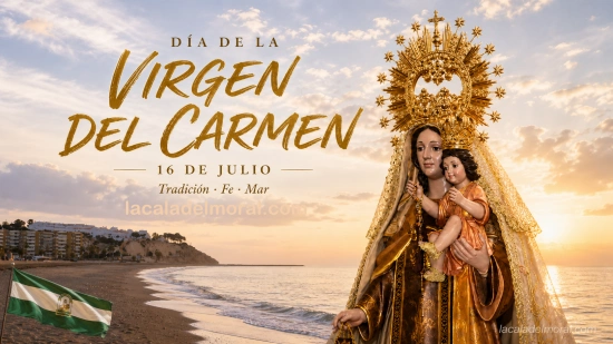 Cartel Día de la Virgen del Carmen 2026 en La Cala del Moral, con la Virgen del Carmen y el Niño Jesús junto a la playa al amanecer