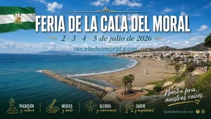 Cartel de la Feria de La Cala del Moral 2026, del 2 al 5 de julio, con vista panorámica de la playa desde El Cantal y la bandera de Andalucía