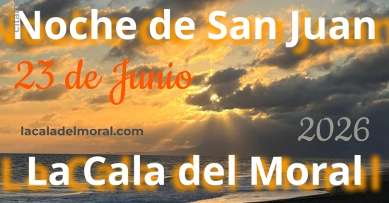 Cartel de la Noche de San Juan 2026 en La Cala del Moral, el 23 de junio, con imagen de atardecer sobre el mar