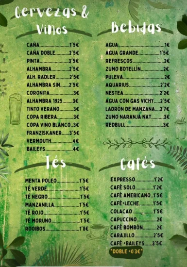 Carta de cervezas, vinos y bebidas de Baluma Café Bar