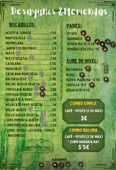 Carta de desayunos y meriendas de Baluma Café Bar