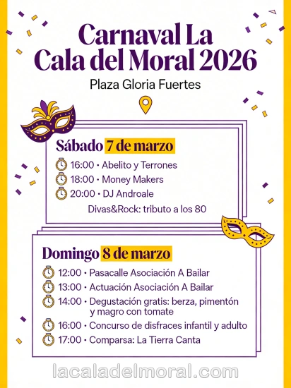 Programa del Carnaval 2026 en La Cala del Moral: sábado 7 y domingo 8 de marzo en la Plaza Gloria Fuertes, con actuaciones, pasacalles, degustación gratuita y concurso de disfraces.