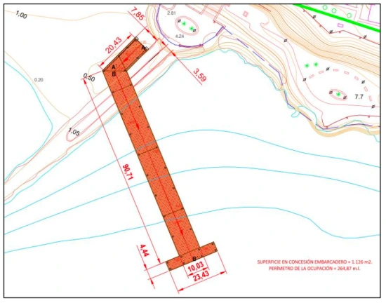 Dibujo técnico del proyecto del embarcadero en el espigón de la playa de Calaflores, junto a El Cantal