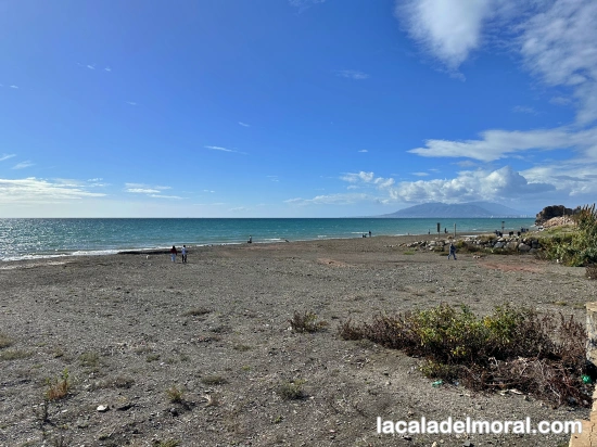 playa para perros en La Cala del Moral, con área cercana para aparcamiento de autocaravanas y vistas al mar.