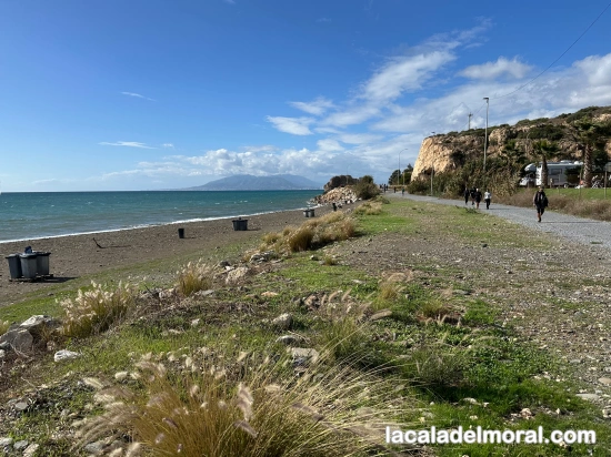 vista del Área Málaga Beach, aparcamiento para autocaravanas en primera línea de playa junto a la senda litoral en La Cala del Moral.