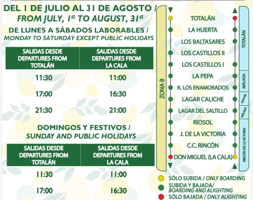Horario Autobús M-560 Totalán - Centro Comercial Rincón - La Cala del Moral Cartel de verano con horarios y paradas del autobús M-560 entre Totalán y La Cala del Moral