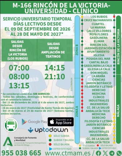 Horario Línea M-166 Rincón de la Victoria - Universidad - Clínico Cartel con horarios y paradas del autobús universitario M-166 entre Rincón de la Victoria y la Universidad